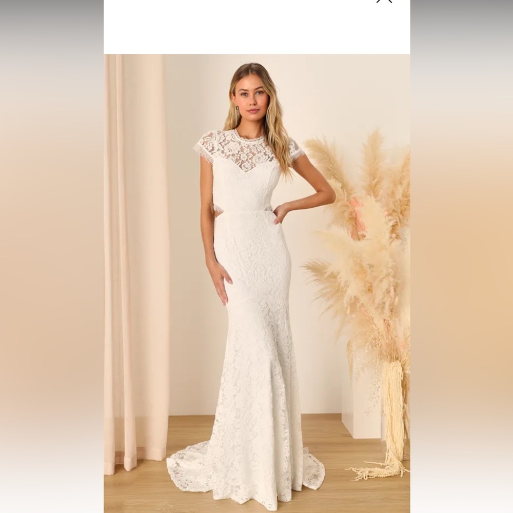 Lulus Devoted to Bliss White Lace Cap Sleeve Cutout Trumpet Maxi Dress